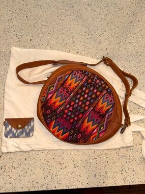 Fair trade Round Brown Leather Crossbody with Multicolor Tribal Weave #11